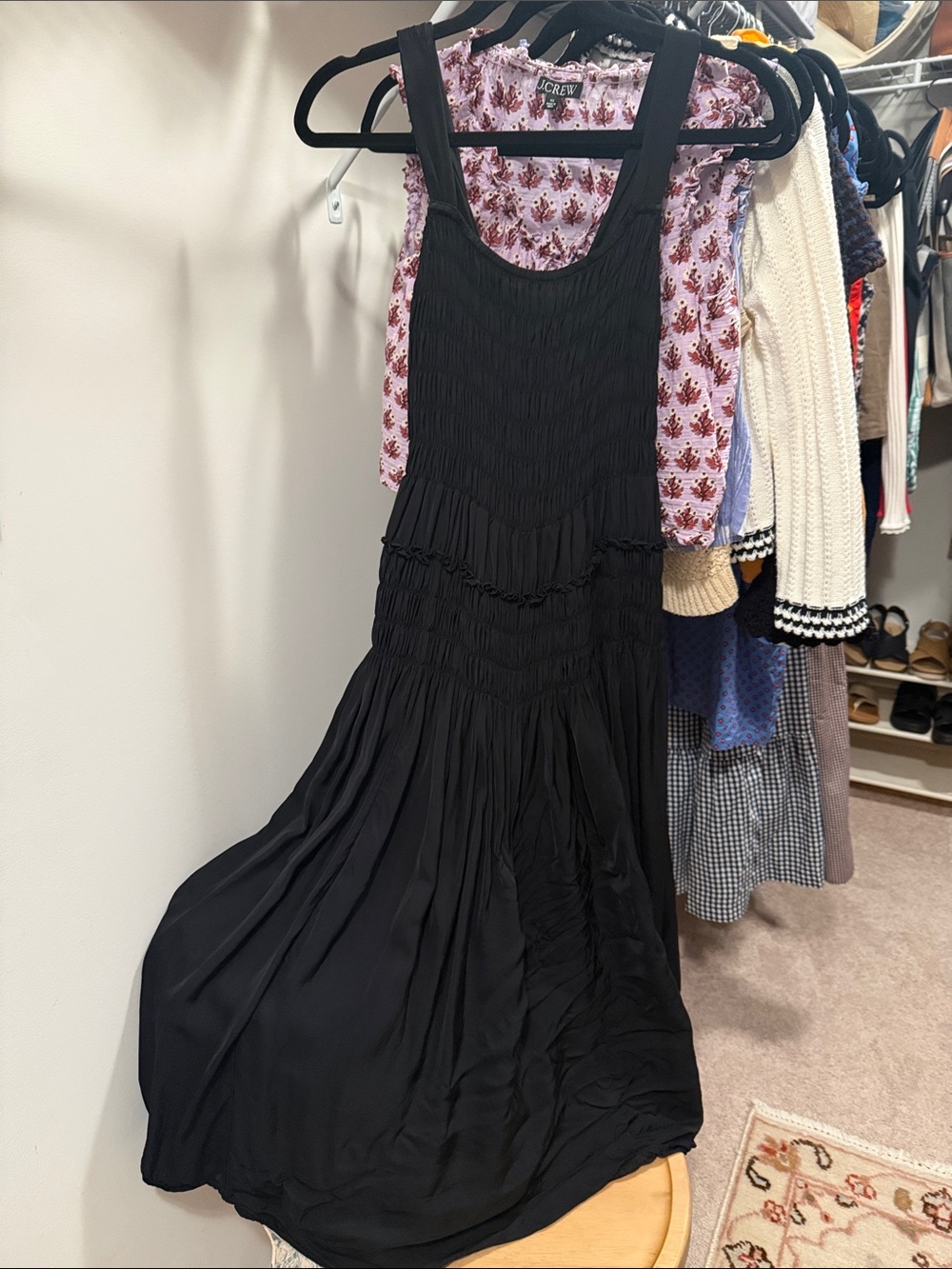 J. Crew Black Smocked Maxi Dress with Scoop Neck